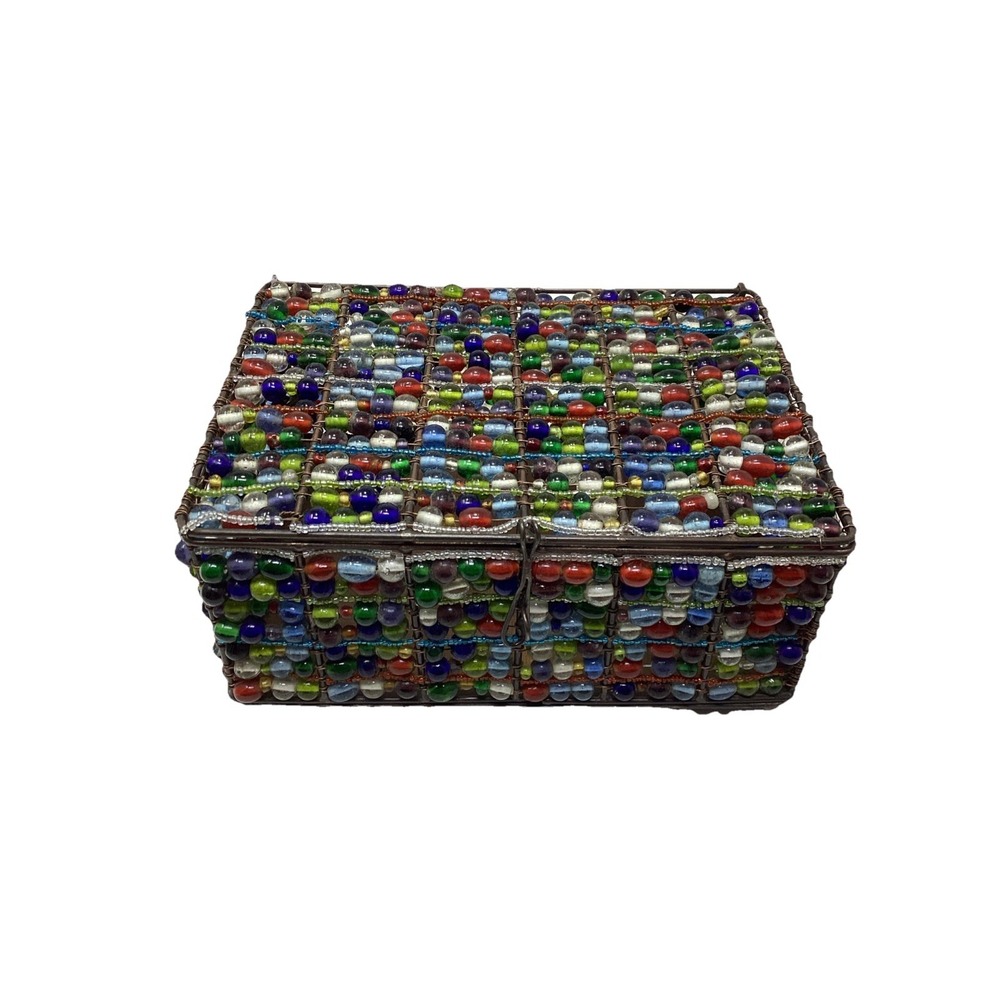 Colored Glass Hand Beaded Lidded Jewelry Trinket Copper Lidded  Box  8x6x3